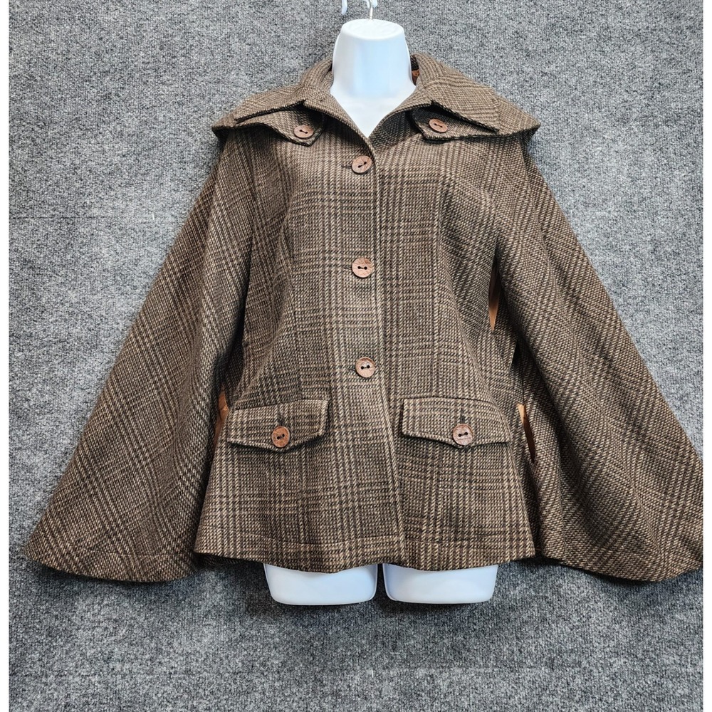 Jordi Labanda Womens Wool Blend Plaid Cape Coat Dark Academia Preppy Size 40